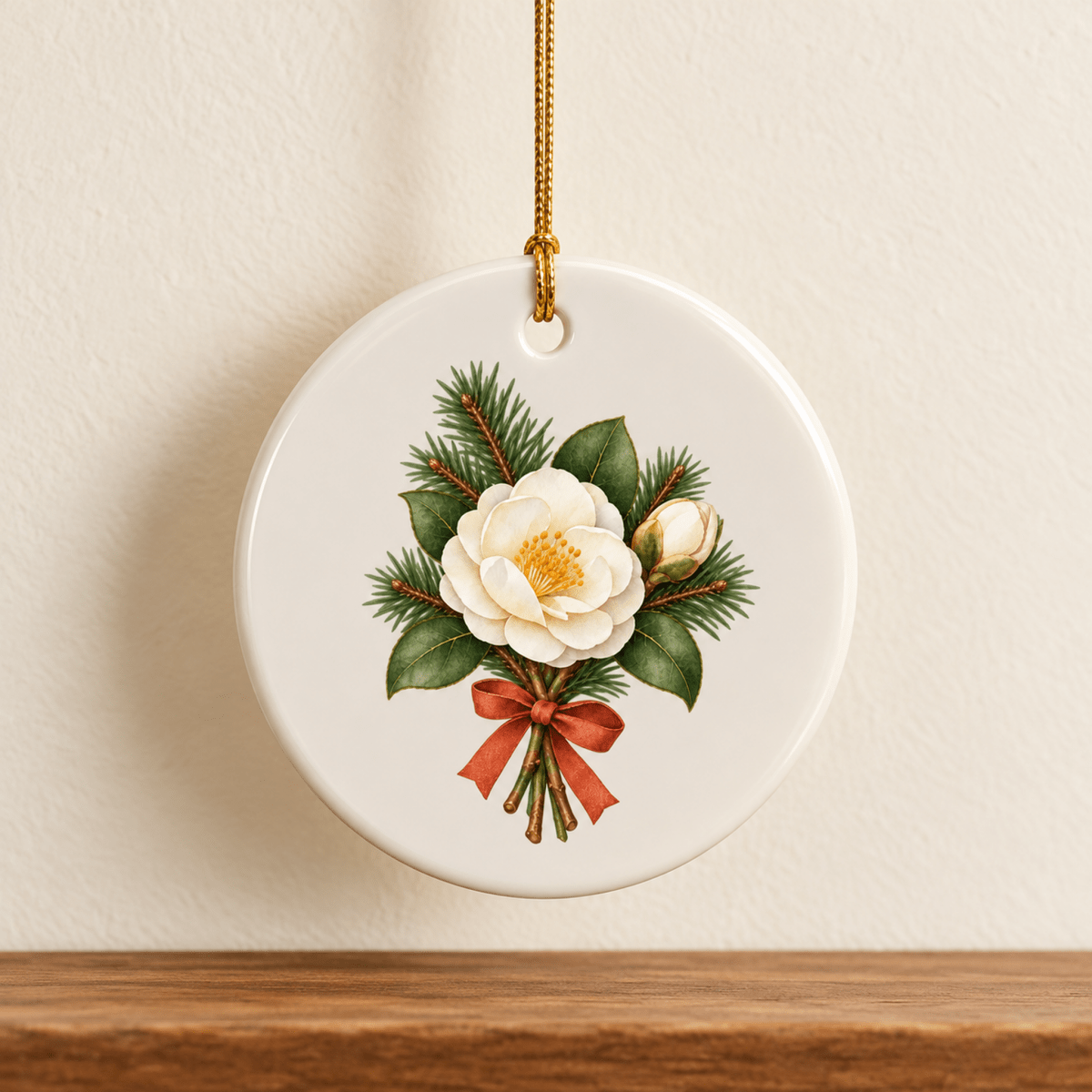 A Winter Offering Camellia Ornament by Mirabilia Boutique is a round white ceramic ornament featuring a winter bouquet of a white camellia flower, greenery, and a tied red ribbon bow.