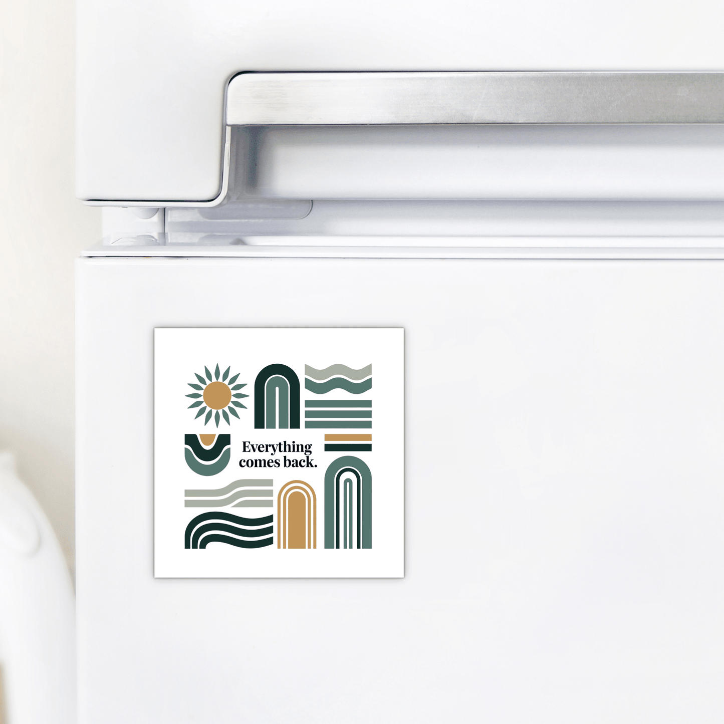 A white fridge displays Mirabilia Boutique’s "Everything Comes Back Magnet – Earth Tone Affirmation," a mid-century modern magnet featuring abstract shapes, a sun, and the text “Everything comes back”—perfect for calming, inspiring decor.