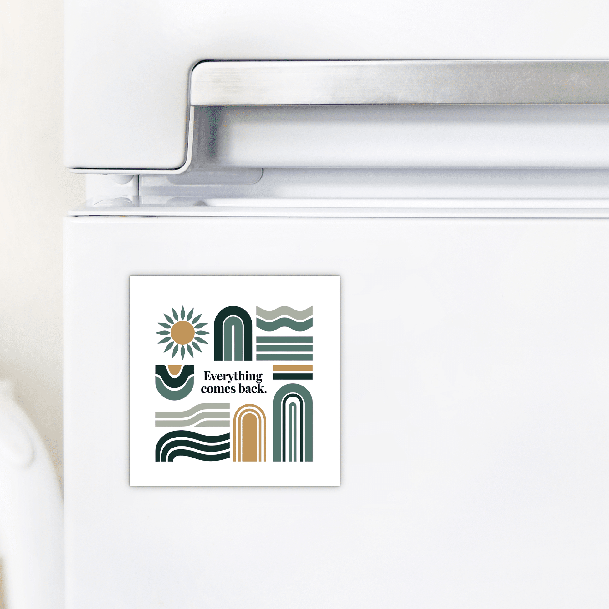 A white fridge displays Mirabilia Boutique’s "Everything Comes Back Magnet – Earth Tone Affirmation," a mid-century modern magnet featuring abstract shapes, a sun, and the text “Everything comes back”—perfect for calming, inspiring decor.