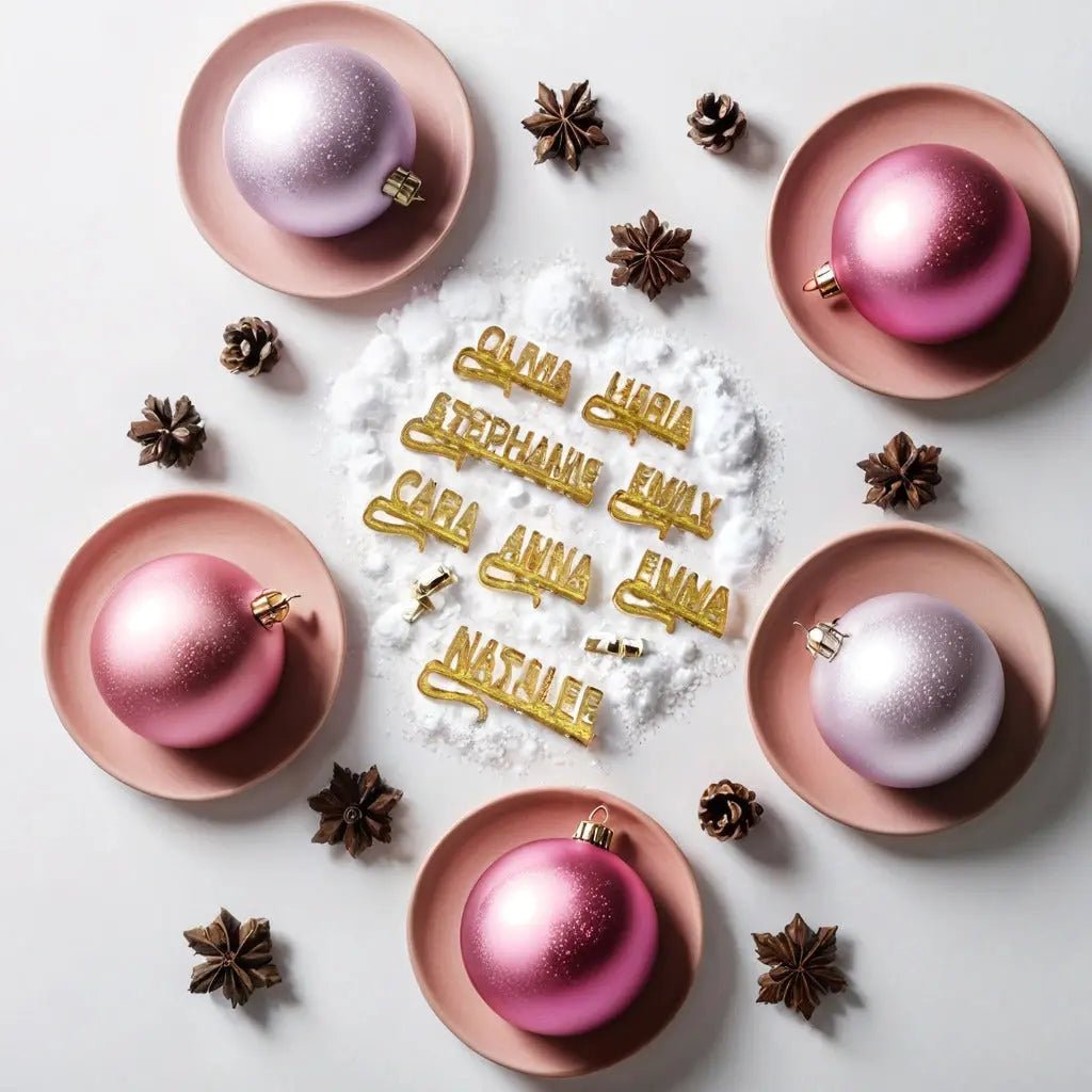 Pink and white Christmas ornaments on plates encircle a white powder accented with golden name tags at the center. Star anise accents are sprinkled throughout, perfectly complemented by Mirabilia Boutique's Custom Acrylic Wine Glass Names for Events & Celebrations, which add a festive touch to your holiday table setting.