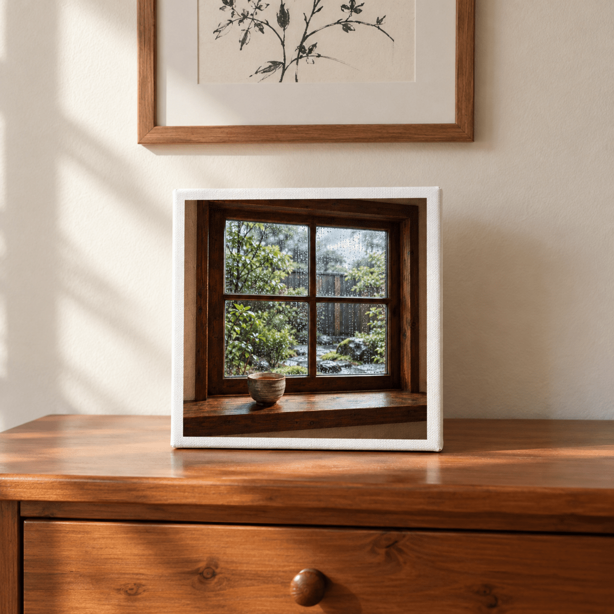 A square After the Rain Window Canvas | Cedar & Ink print sits on a wooden dresser, depicting a painting of a window overlooking a garden after the rain, with a small cup resting on the sill.