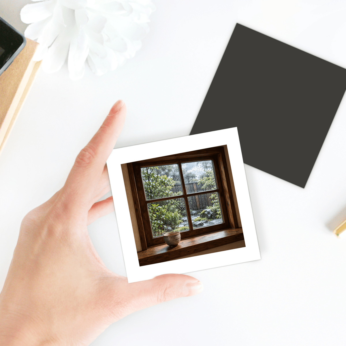 A hand holds the After the Rain Decorative Magnet, a square piece featuring a small bowl sitting on a window sill overlooking a rainy garden.