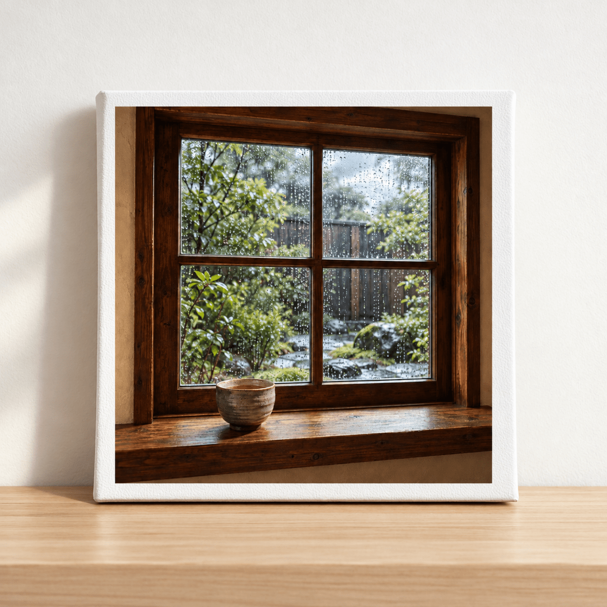 After the Rain Window Canvas | Cedar & Ink print featuring a rainy window view overlooking a garden, with a small ceramic cup resting on the wooden sill.