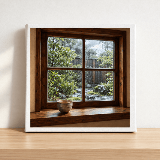 After the Rain Window Canvas | Cedar & Ink print featuring a rainy window view overlooking a garden, with a small ceramic cup resting on the wooden sill.