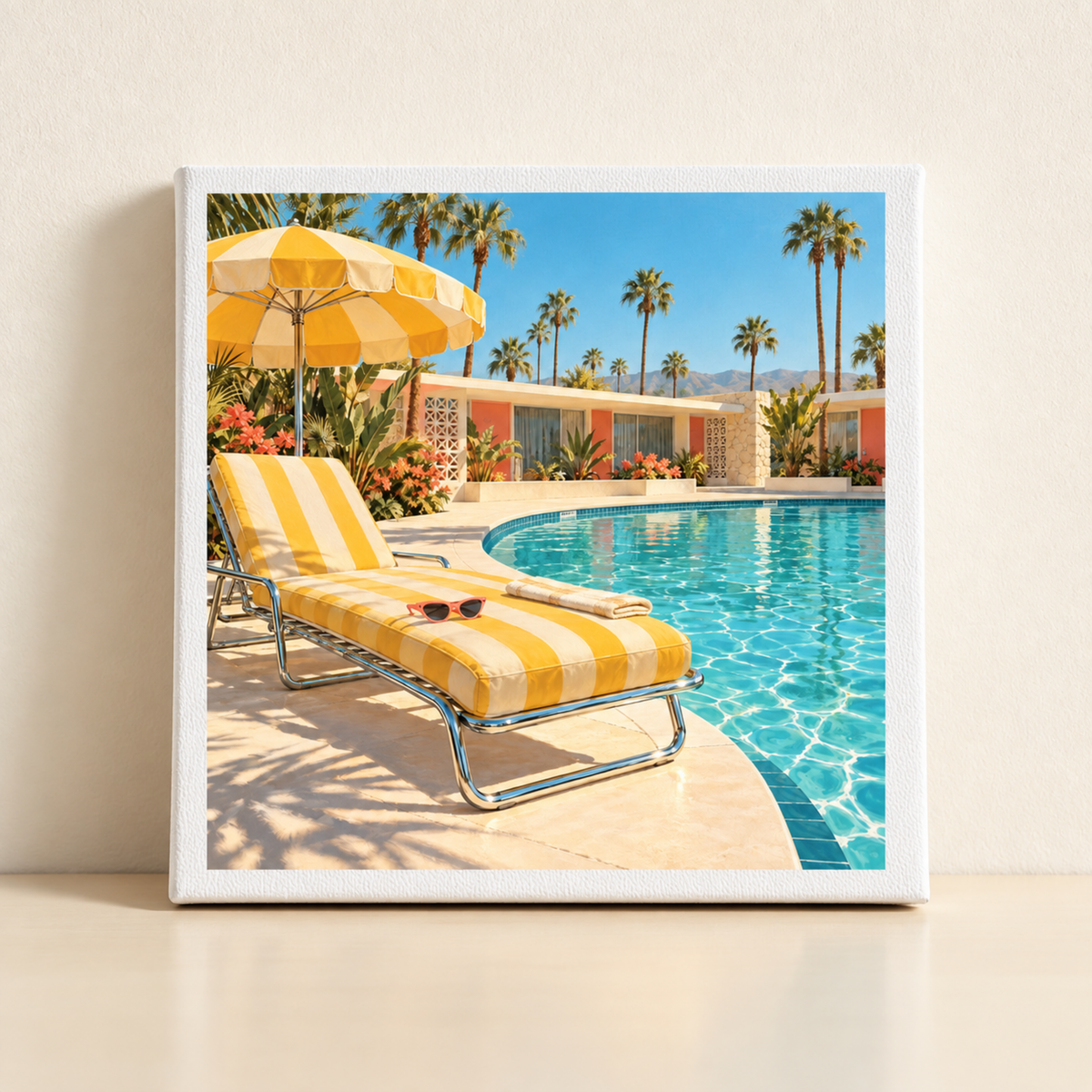 Afternoon at the Pool Canvas | Chrome & Starlight by Mirabilia Boutique features mid-century pool art—yellow-striped lounge chair, turquoise and yellow details, and palm trees under a blue sky against a neutral wall.