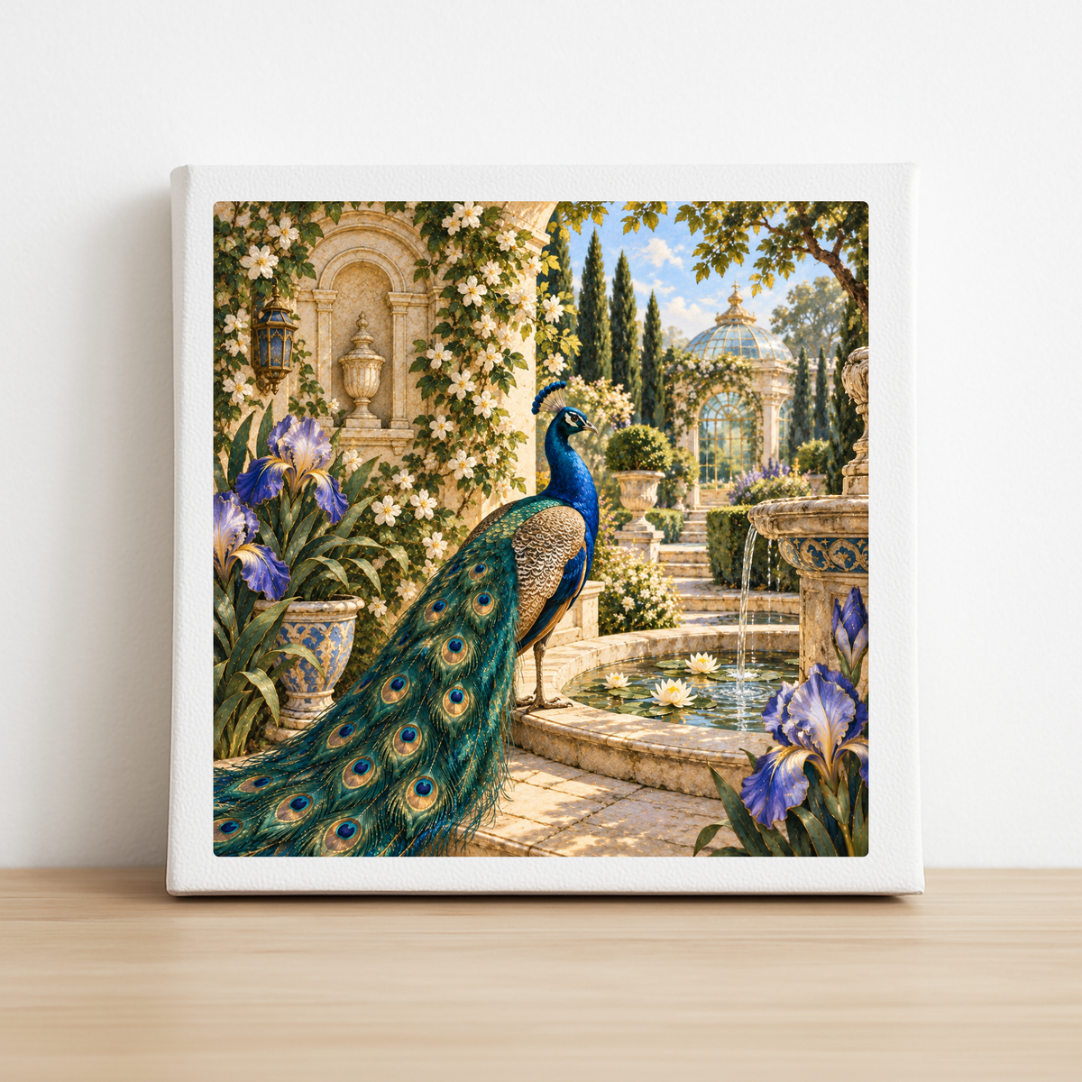 The Afternoon in the Peacock Garden Canvas from Mirabilia Boutique’s Gilded Reverie collection rests on a wooden surface, showcasing a vibrant scene of a peacock beside an ornate stone fountain amid sunlit irises, white blooms, and a glass gazebo in the background. This botanical wall art captivates with its lush details and radiant colors, bringing the elegance of the peacock garden to life.