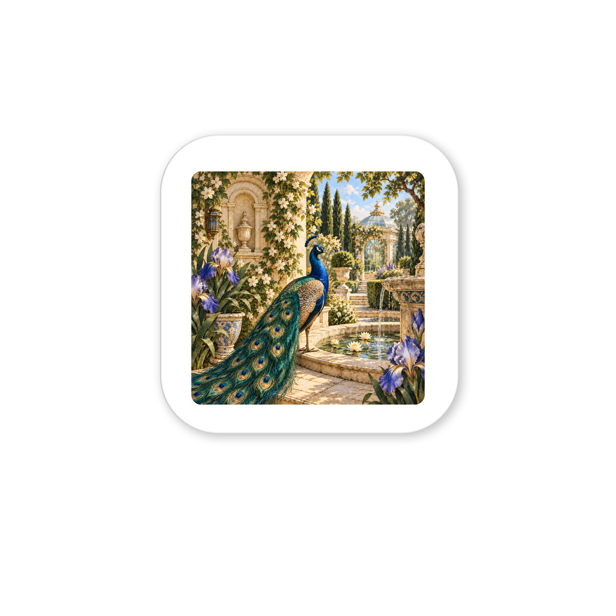 Experience the elegance of Mirabilia Boutique’s “Afternoon in the Peacock Garden Magnet | Gilded Reverie”—a decorative square magnet that beautifully depicts a vibrant peacock beside a stone fountain, encircled by lush greenery, purple irises, and classical architecture under a radiant sky. This exquisite piece captures all the charm of a miniature artwork for your home.