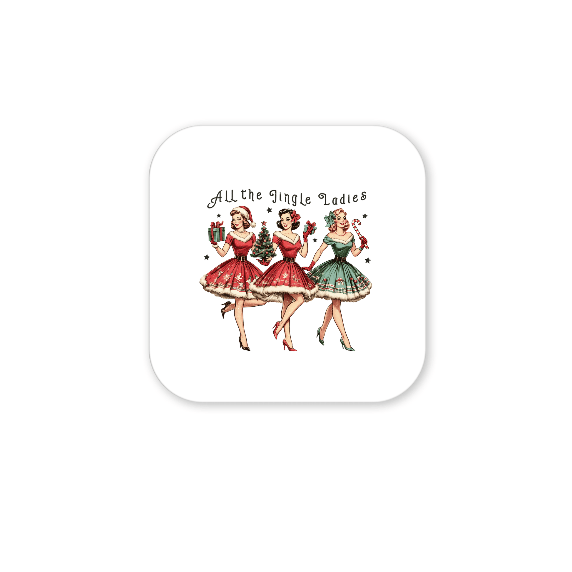 Mirabilia Boutique’s "All the Jingle Ladies Magnet | Retro Christmas Decor" features three women in vintage holiday dresses with Christmas items and festive text—a perfect retro-style fridge or holiday magnet.