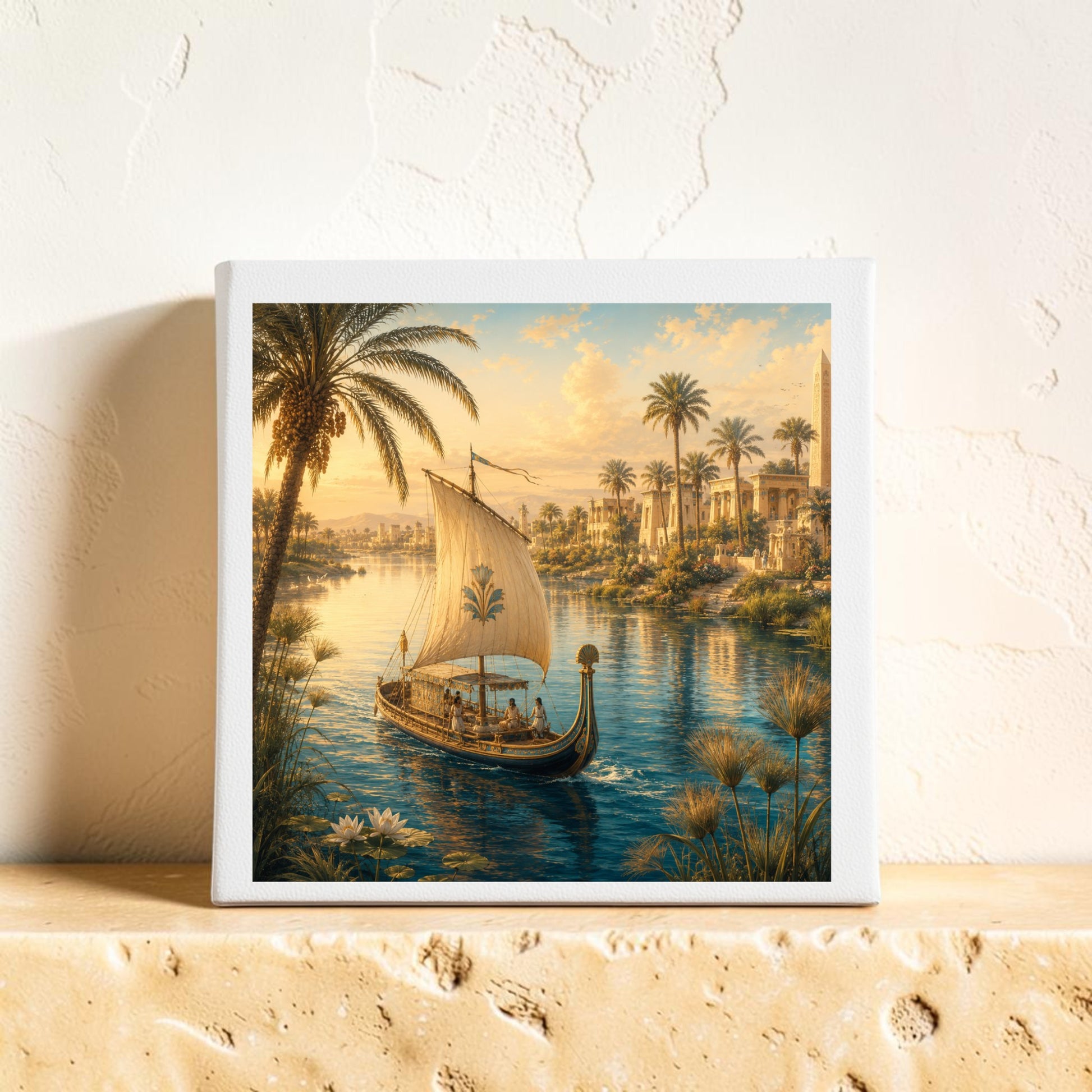 Add a touch of timeless elegance to your space with the “Along the Nile Ancient Egypt Canvas Art” by Mirabilia Boutique—a stunning canvas print featuring a boat gliding along a river bordered by palm trees and ancient architecture beneath a warm golden sky, beautifully displayed on a light-colored shelf. Perfect for those who appreciate captivating scenes from Ancient Egypt.