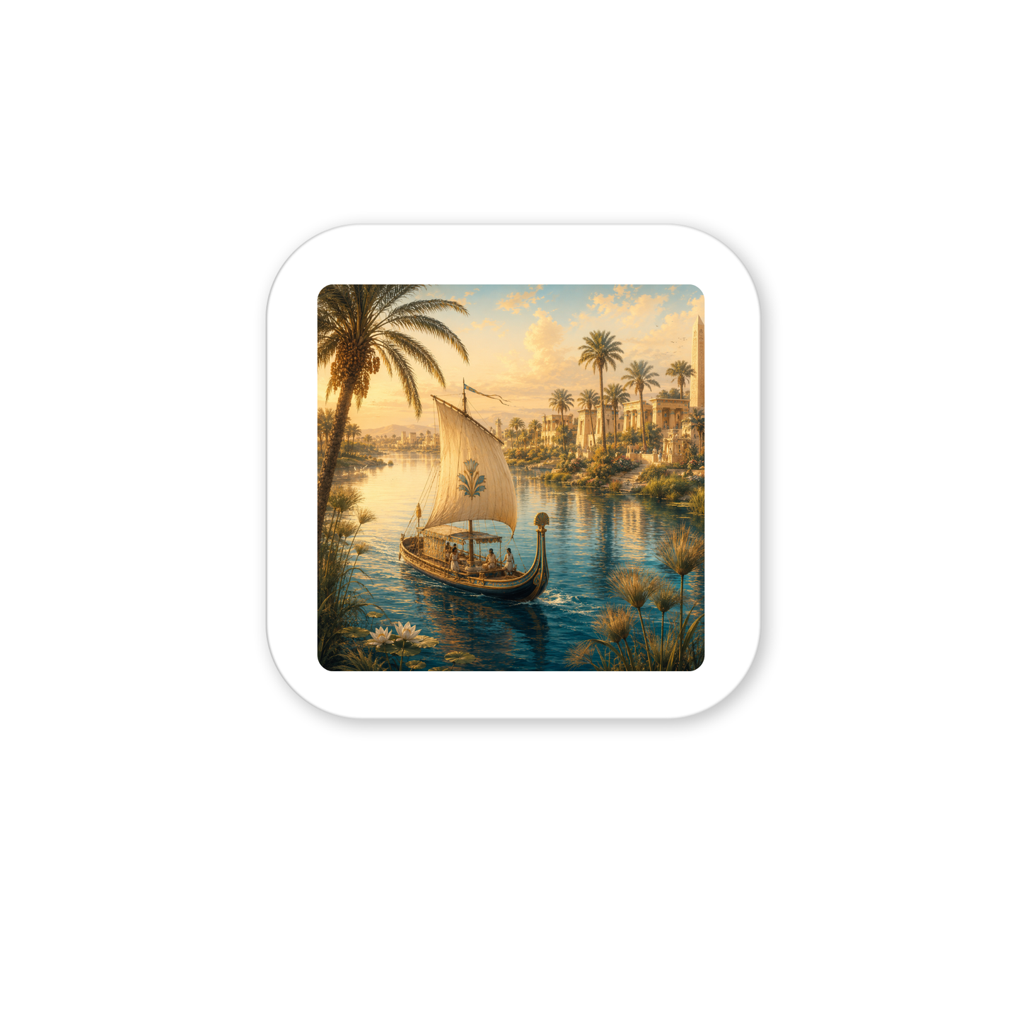 Transform your space with the Along the Nile Ancient Egypt Art Magnet by Mirabilia Boutique, featuring a wooden sailboat carrying passengers as it glides along a tranquil, palm-lined river bordered by ancient architecture beneath a golden sunset—capturing the essence of iconic Nile decor for any setting.