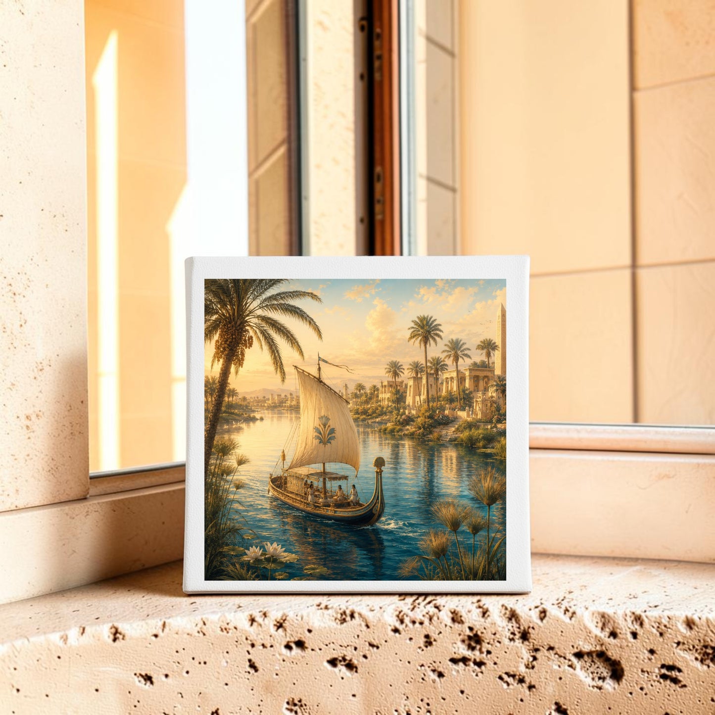 A framed “Along the Nile Ancient Egypt Canvas Art” by Mirabilia Boutique, depicting an ancient boat gliding along a serene river bordered by graceful palm trees, rests on a stone windowsill as warm sunlight pours in. This captivating piece of Nile wall art infuses your space with the tranquil beauty and timeless elegance of Ancient Egyptian artistry.