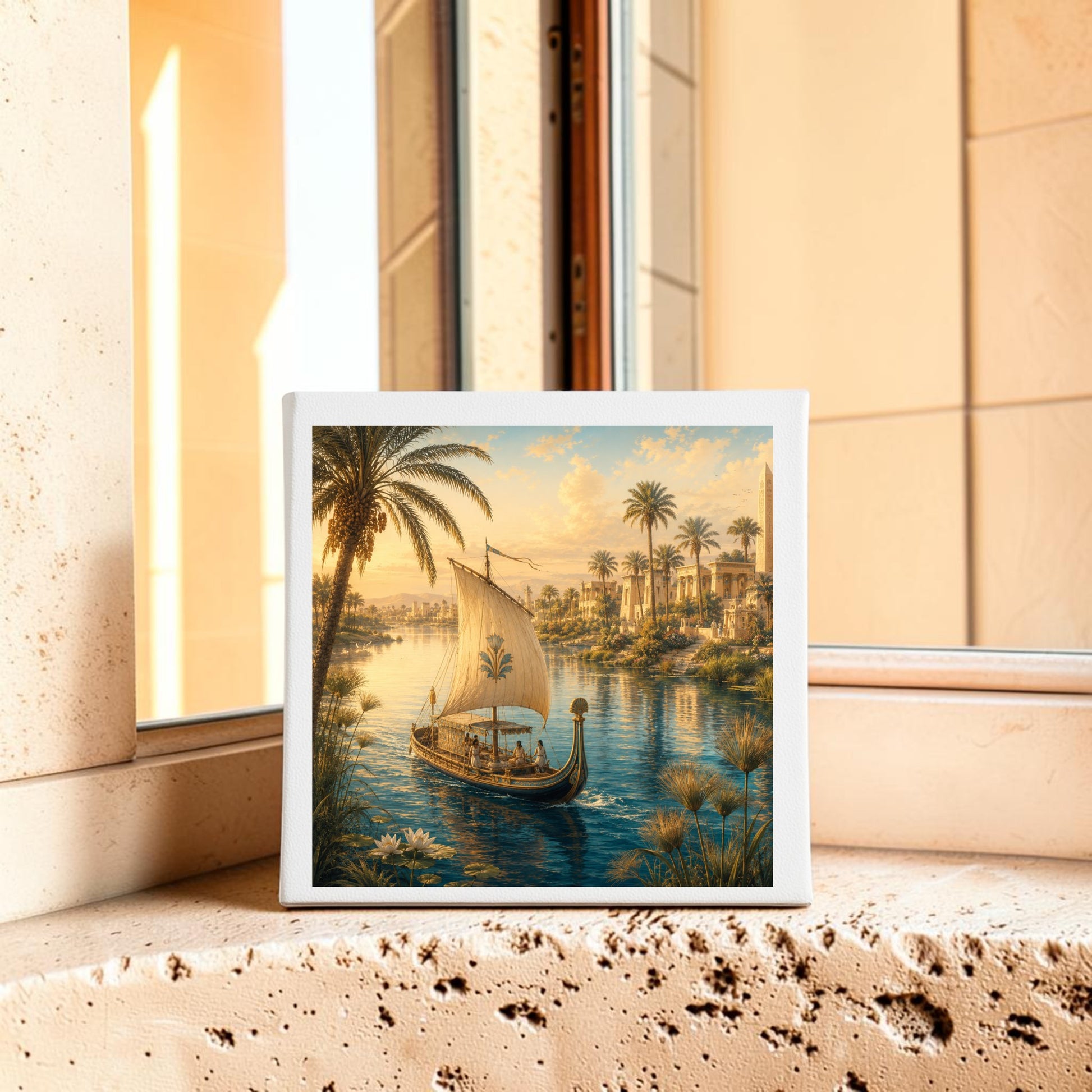 A framed “Along the Nile Ancient Egypt Canvas Art” by Mirabilia Boutique, depicting an ancient boat gliding along a serene river bordered by graceful palm trees, rests on a stone windowsill as warm sunlight pours in. This captivating piece of Nile wall art infuses your space with the tranquil beauty and timeless elegance of Ancient Egyptian artistry.