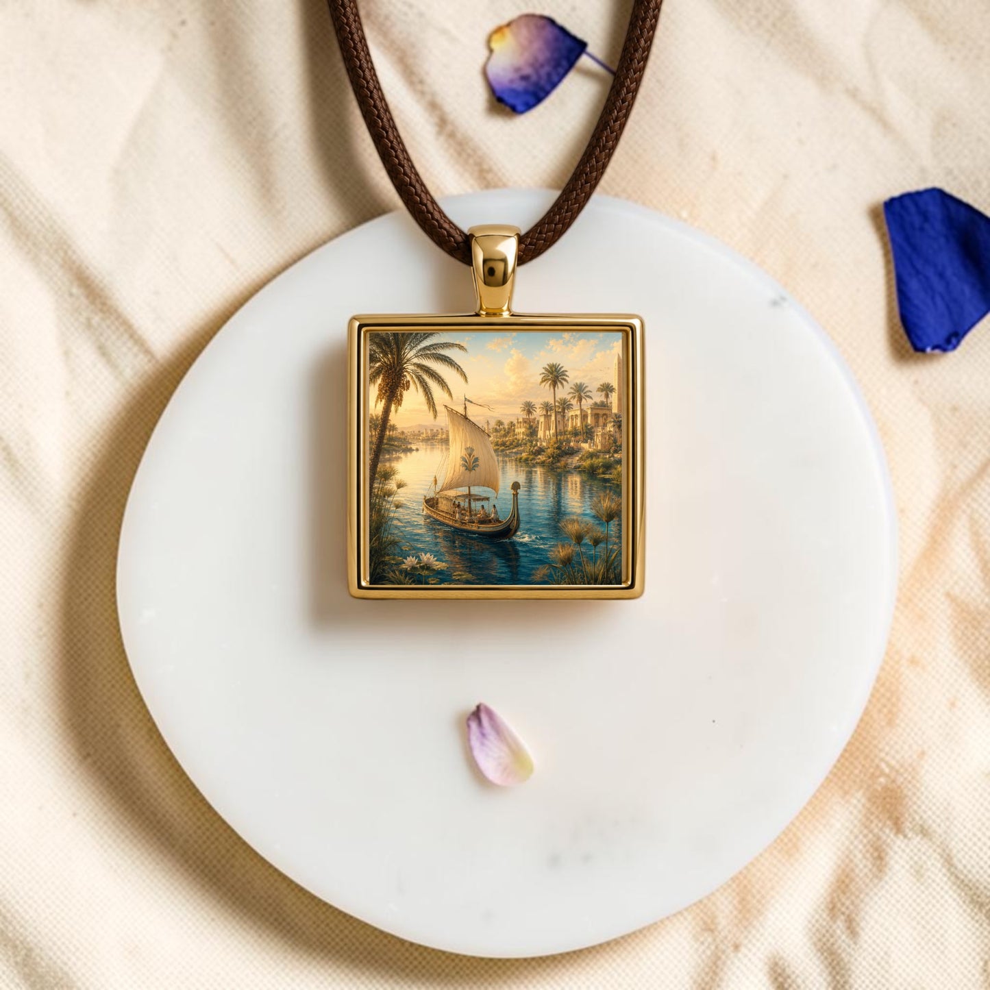 A gold square “Along the Nile | Scene Pendant Necklace” by Mirabilia Boutique, featuring a painted sailboat on a tropical river, palm trees, and a sunset, rests atop a white circular stone surrounded by flower petals. This exquisite piece channels the allure of Nile jewelry, blending vibrant artistry with timeless elegance.