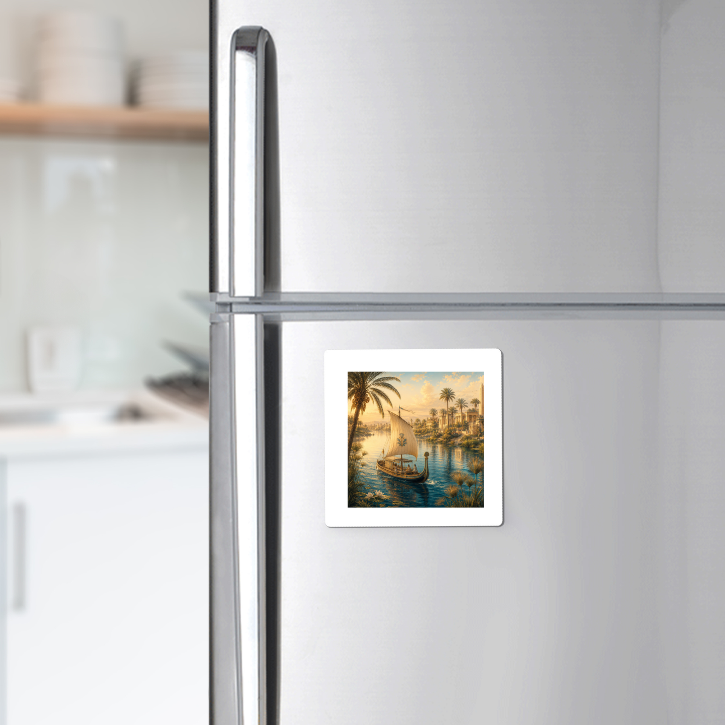 A silver refrigerator is adorned with the Mirabilia Boutique “Along the Nile Ancient Egypt Art Magnet,” featuring a vibrant tropical scene of palm trees, water, and a small boat—making it a charming collectible decorative accent in a bright kitchen.