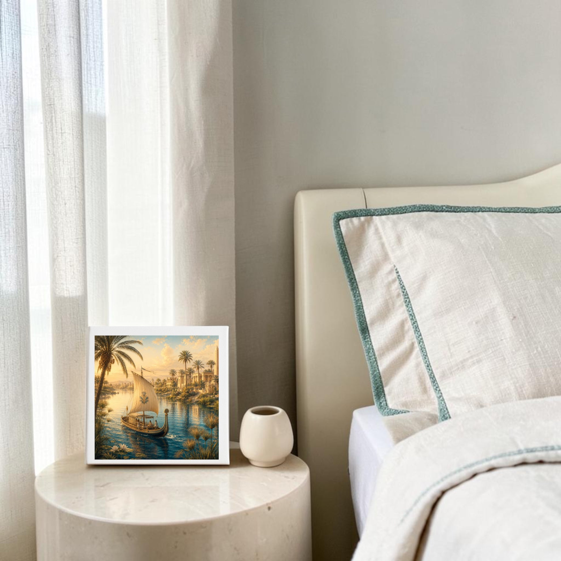 Framed “Along the Nile Ancient Egypt Canvas Art” by Mirabilia Boutique and a small white vase rest on a round nightstand beside a bed adorned with cream bedding, green trim, and bathed in soft natural light from the window, creating a tranquil ambiance reminiscent of classic Nile wall art.