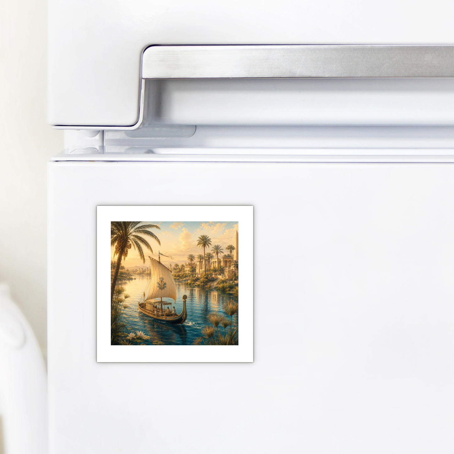 The “Along the Nile Ancient Egypt Art Magnet” by Mirabilia Boutique, featuring an illustration of a sailboat on the Nile, palm trees, and ancient-style buildings, is displayed on a white refrigerator door. This collectible accent adds a touch of Nile décor to any kitchen space.