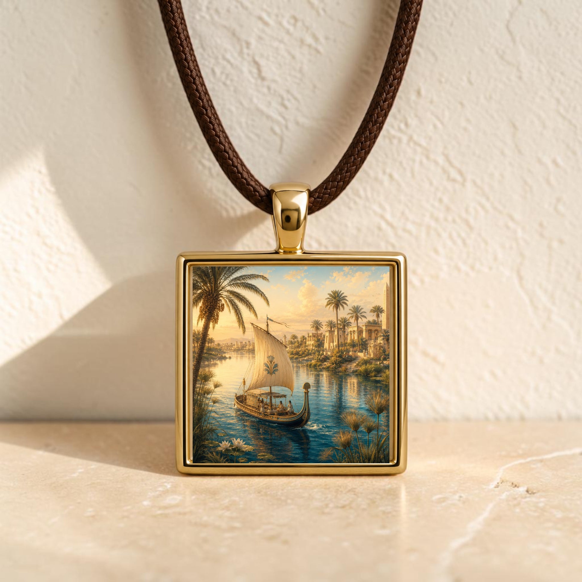 The Along the Nile | Scene Pendant Necklace from Mirabilia Boutique is a gold square pendant on a brown cord, showcasing an illustration of an ancient sailboat gliding along a river bordered by palm trees and buildings, set against a light stone backdrop. Inspired by Nile jewelry, this distinctive piece captures the elegance of an ancient Egyptian necklace.