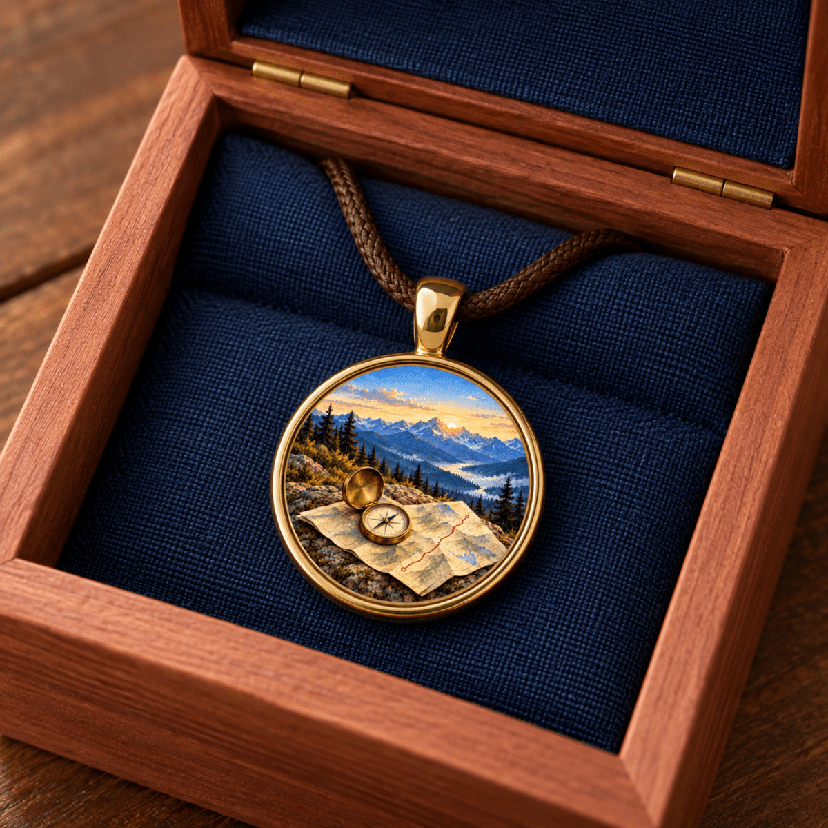 The Trail Before Dawn | Story Pendant Necklace from Mirabilia Boutique is a gold-rimmed miniature artwork pendant resting in a wooden display box, featuring a mountain landscape scene with an open compass and a map.