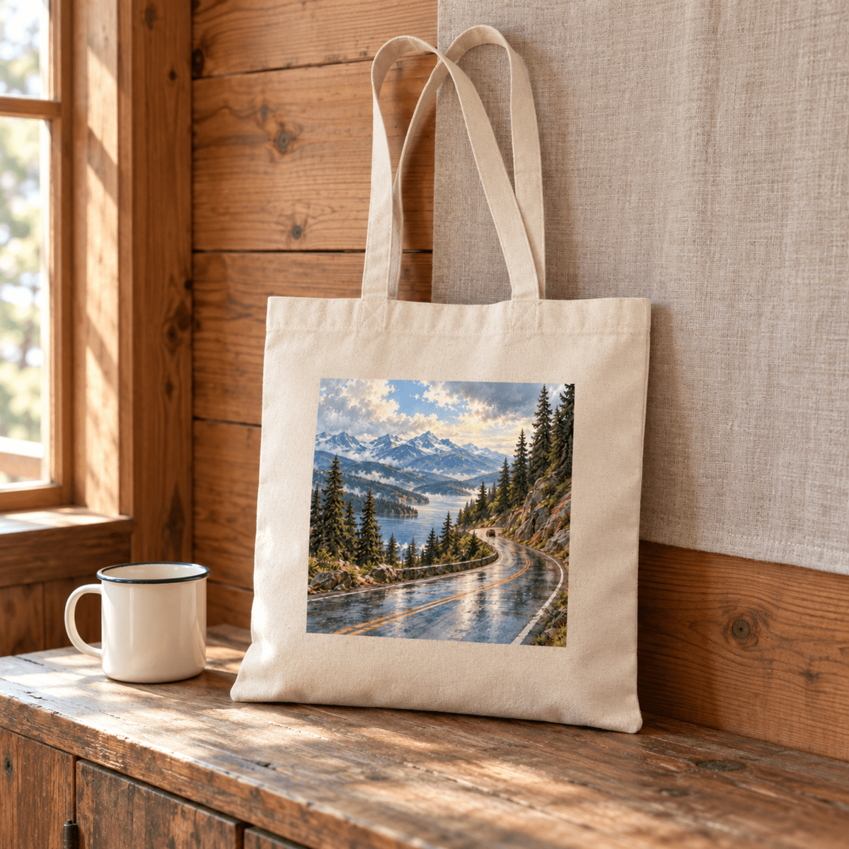 The Scenic Byway Tote Bag featuring an illustration of a winding coastal highway by mountains, resting on a wooden surface next to a white mug.