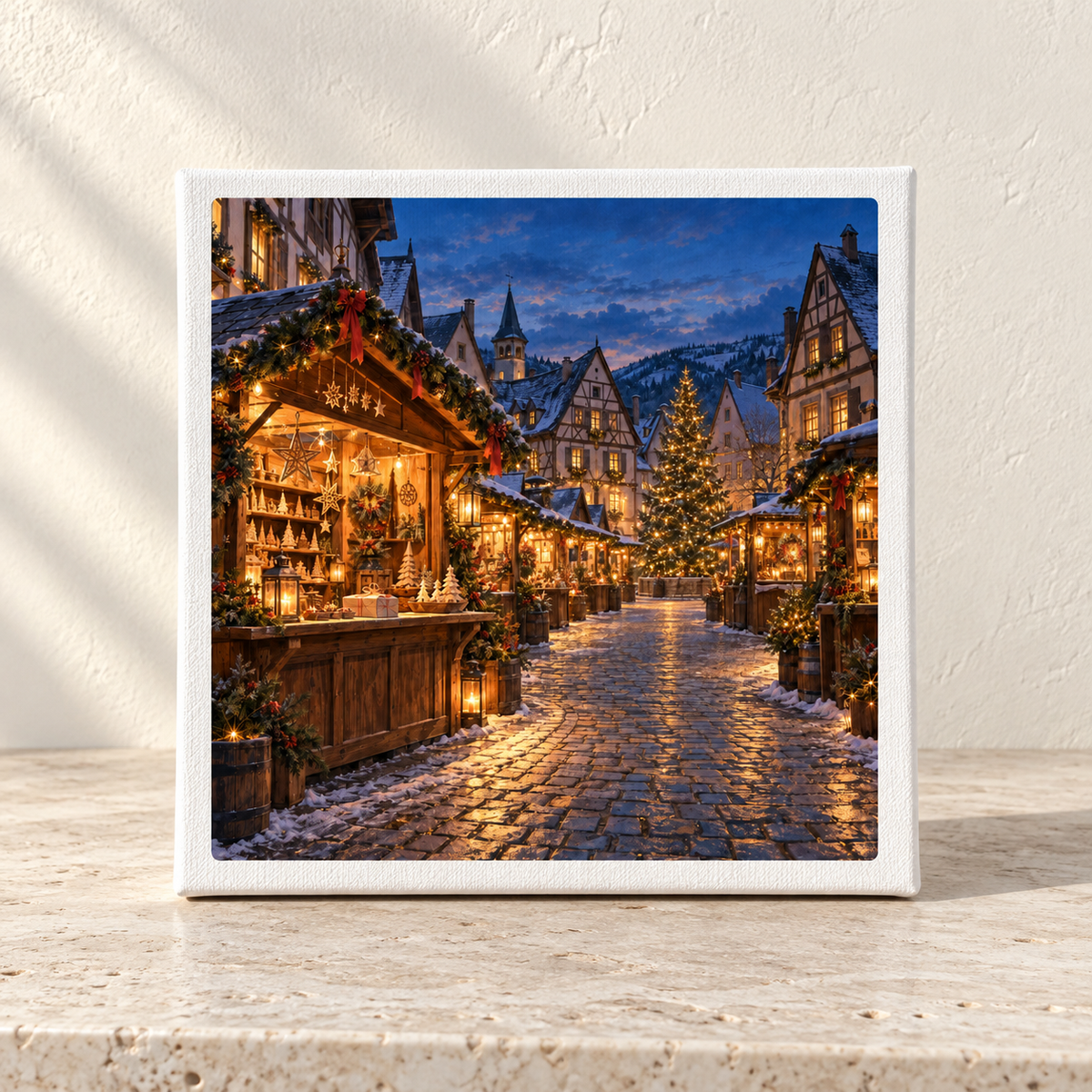 An Evening to Wander Canvas | German Christmas Market depicting a snowy German Christmas market at twilight, with lit wooden stalls lining a cobblestone path and a large decorated tree in the distance.