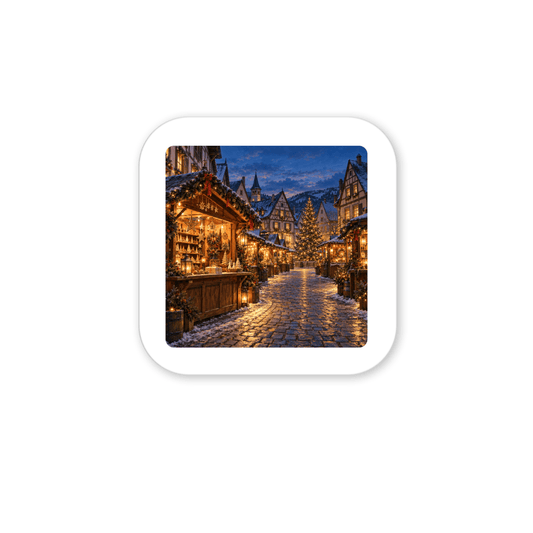 An Evening to Wander Magnet | German Christmas Market: a square magnet featuring a snow-covered village at twilight with illuminated wooden stalls and a large Christmas tree.