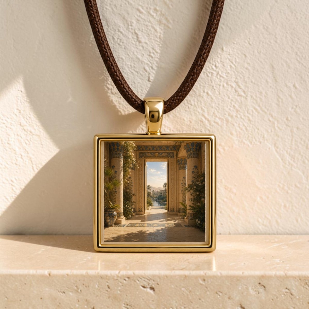 The Beyond the Threshold | Scene Pendant Necklace by Mirabilia Boutique showcases a gold square-framed pendant adorned with artwork depicting a sunlit architectural corridor and garden, reminiscent of Egyptian scene jewelry, displayed on a textured stone surface against a light background.