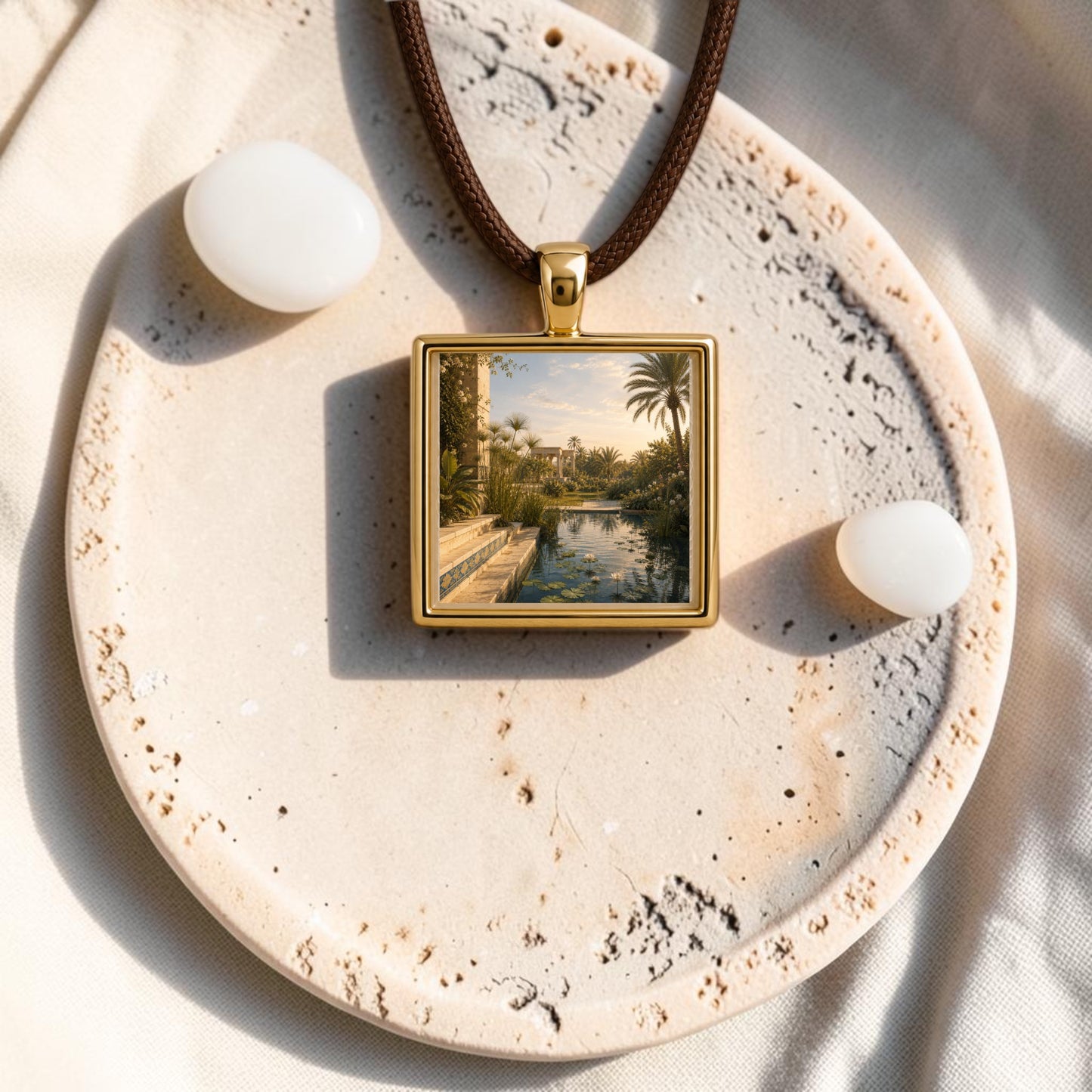 The Garden of Still Waters | Scene Pendant by Mirabilia Boutique features a gold square pendant with a tropical landscape design, evoking Egyptian-inspired jewelry. It hangs from a brown cord and is displayed on a textured round stone plate alongside two smooth white stones—perfect for those who appreciate miniature wearable art.