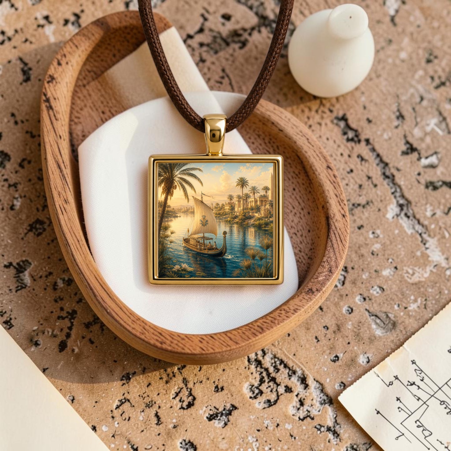The Along the Nile | Scene Pendant Necklace by Mirabilia Boutique features a square pendant depicting a painted boat drifting along the Nile River, framed in gold and suspended from a brown cord. Presented in a wooden dish on a textured surface, this captivating piece channels the timeless allure of an ancient Egyptian necklace.