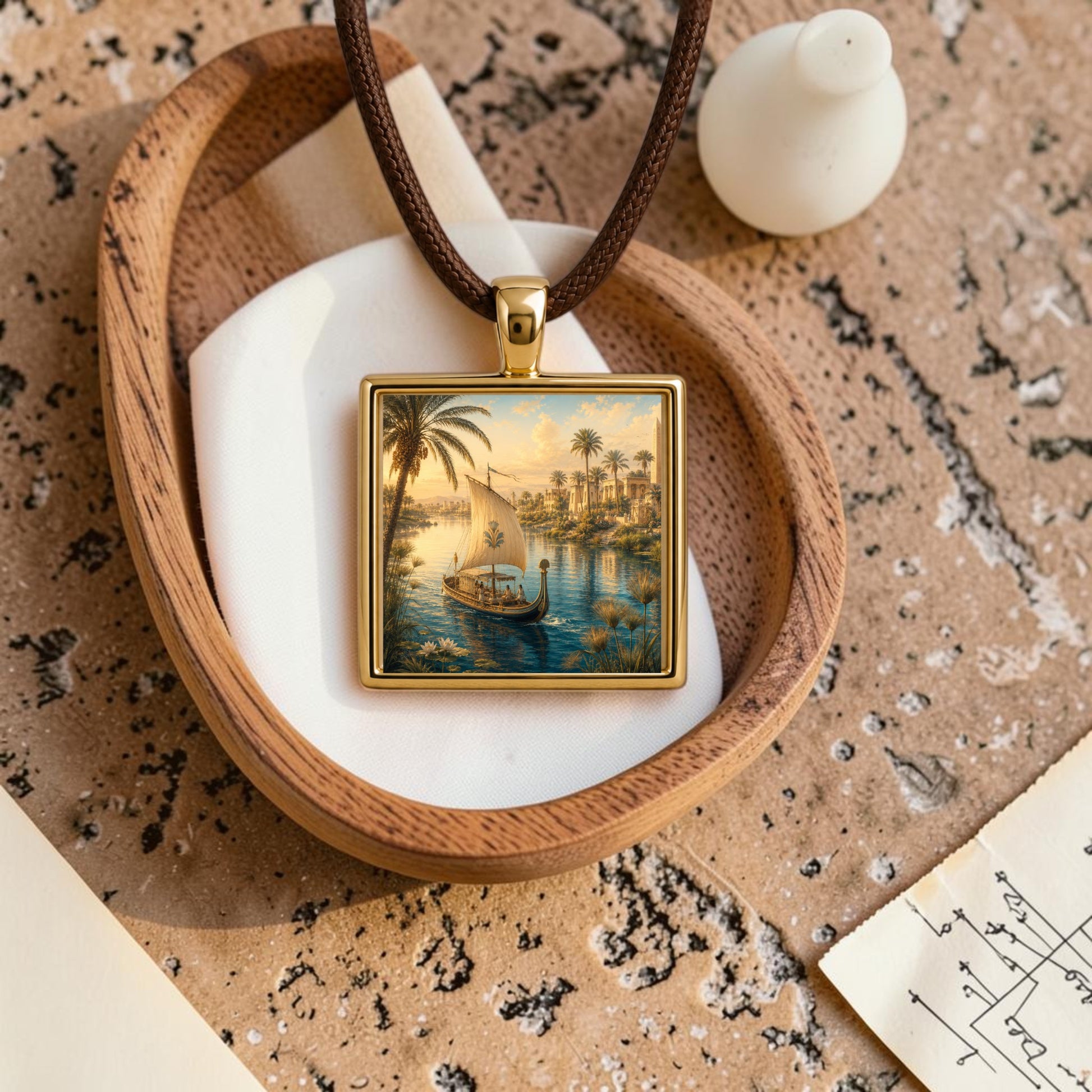 The Along the Nile | Scene Pendant Necklace by Mirabilia Boutique features a square pendant depicting a painted boat drifting along the Nile River, framed in gold and suspended from a brown cord. Presented in a wooden dish on a textured surface, this captivating piece channels the timeless allure of an ancient Egyptian necklace.