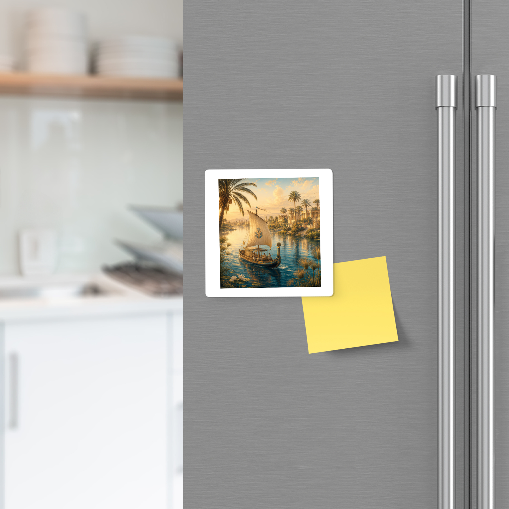 A colorful postcard with a tropical scene and a yellow sticky note are attached to a silver refrigerator door in a modern kitchen, accented by the Mirabilia Boutique Along the Nile Ancient Egypt Art Magnet, which adds a unique collectible decorative touch.