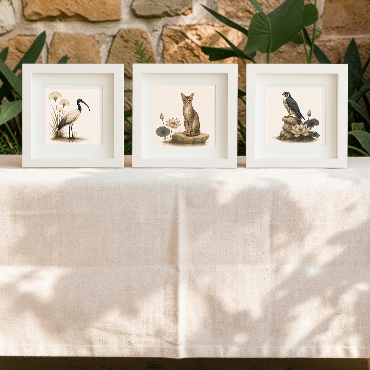 Three elegant framed canvas artworks from the Keepers of the Nile | Mirabilia Relics collection by Mirabilia Boutique—featuring animal illustrations of a heron, a cat, and a bird—are displayed on a white tablecloth, with a stone wall and lush green plants in the background.