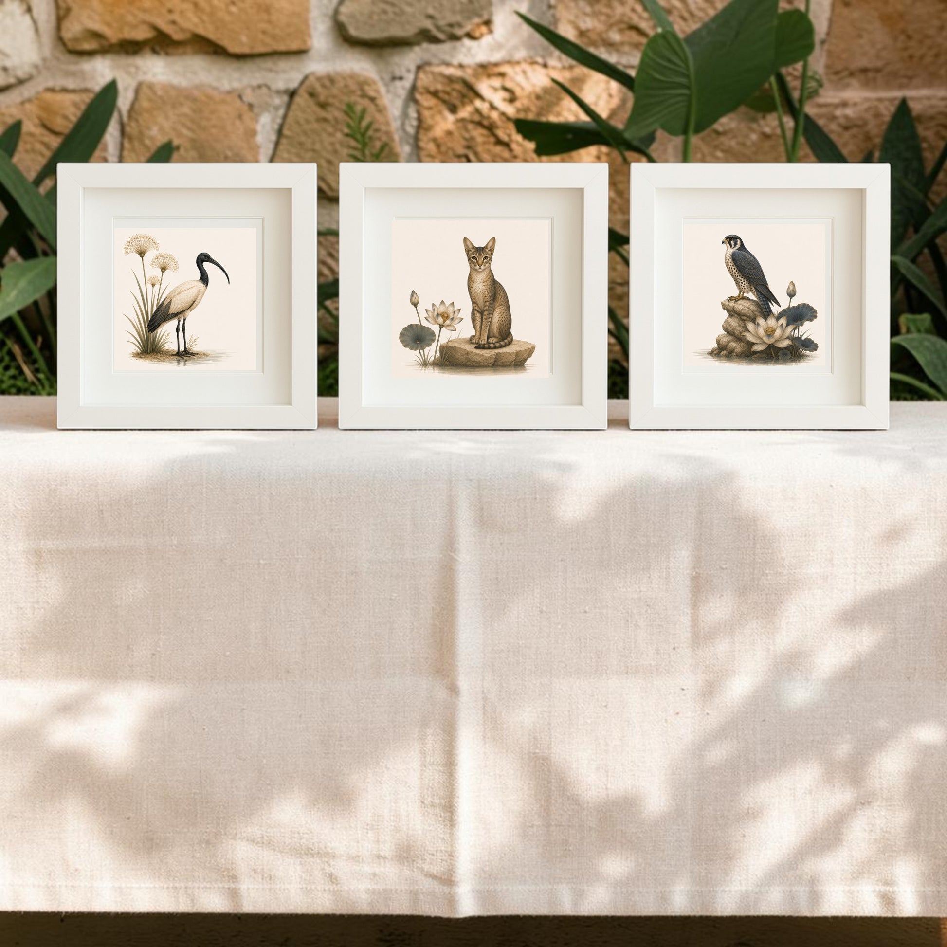 Three elegant framed canvas artworks from the Keepers of the Nile | Mirabilia Relics collection by Mirabilia Boutique—featuring animal illustrations of a heron, a cat, and a bird—are displayed on a white tablecloth, with a stone wall and lush green plants in the background.