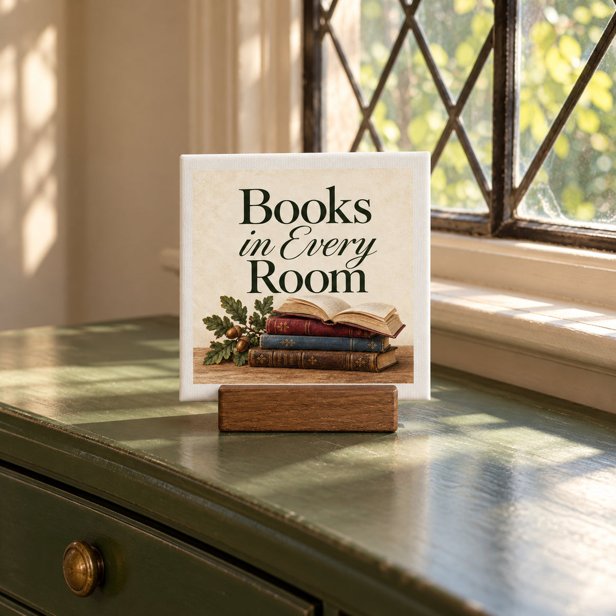 A square Books in Every Room Mini Sign featuring the text “Books in Every Room” above an illustration of a stack of old books and an acorn branch, resting on a wooden base.