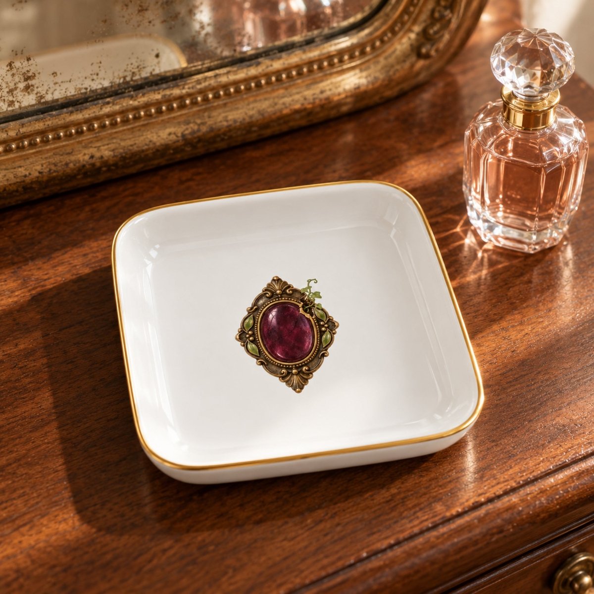 An ornate brooch with a dark purple stone rests in a white, gold-rimmed Beautiful Remnants Jewelry Tray from Mirabilia Boutique, set on a wooden surface next to a perfume bottle.