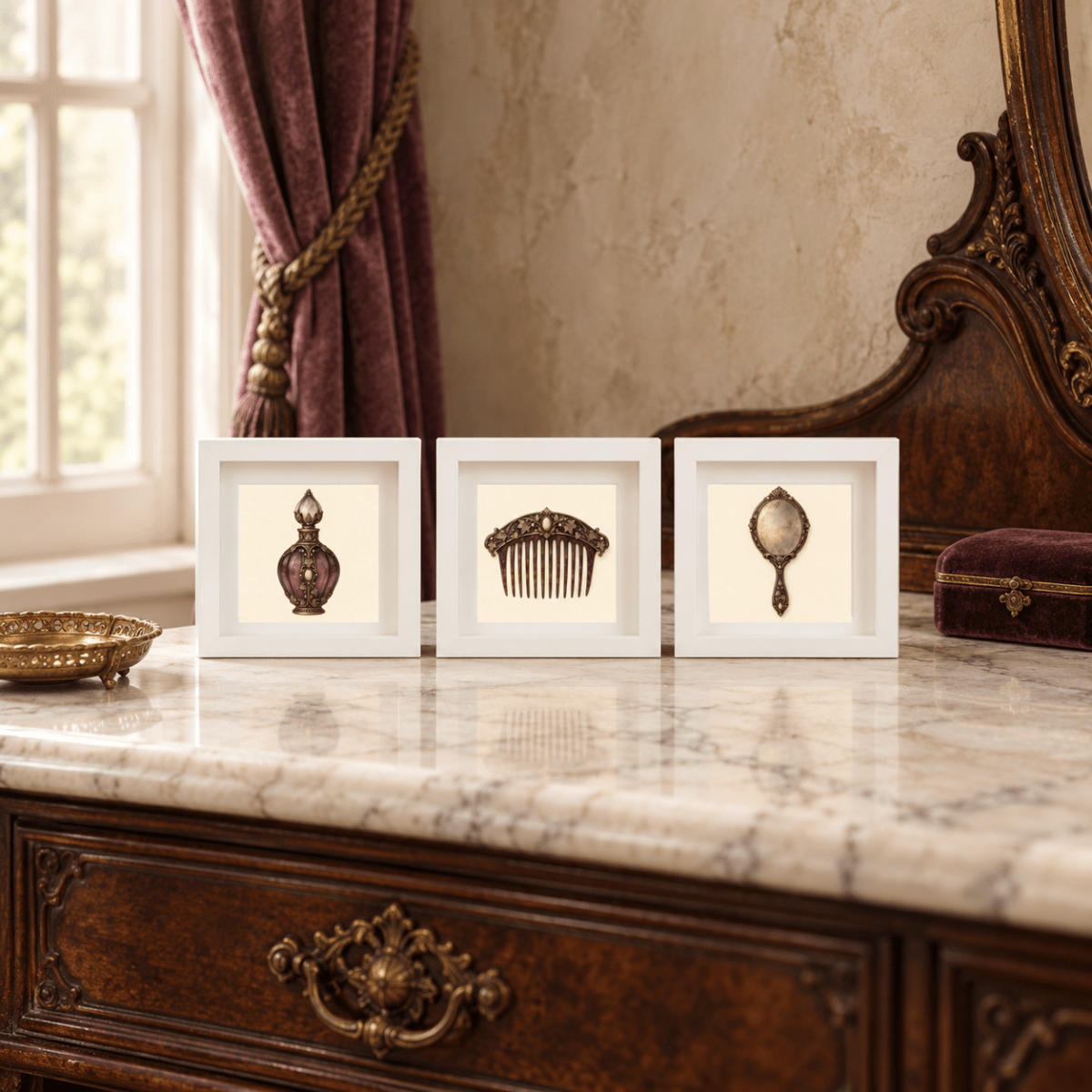 Three framed antique treasures—an ornate perfume bottle, a vintage hair comb, and an elegant hand mirror—from “The Last Dressing Table” by Mirabilia Relics are artfully displayed atop a marble vanity in a vintage-inspired room adorned with intricate wood furnishings and burgundy-draped windows. Presented within delicate shadowbox frames from Mirabilia Boutique, this nostalgic art set exquisitely enhances the room’s timeless charm.