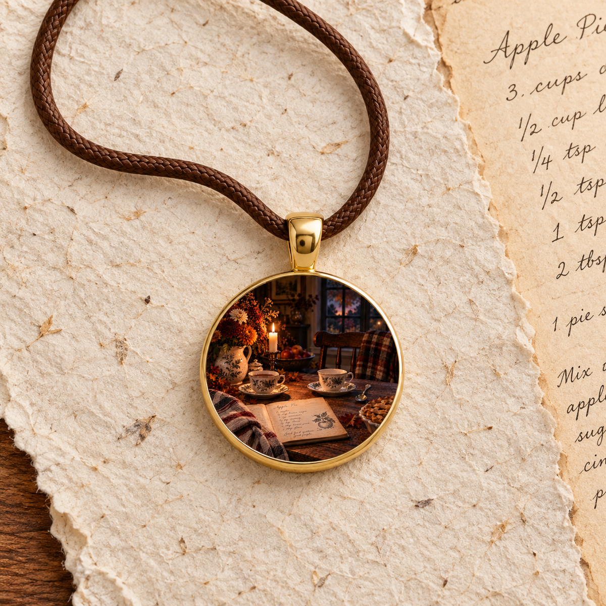 The Extra Place | Story Pendant Necklace by Mirabilia Boutique rests on a brown cord, showcasing an autumn table scene with flowers, teacups, books, and a handwritten apple pie recipe on textured paper.