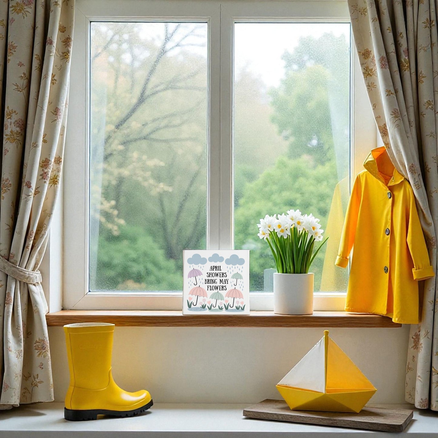 The April Showers Bring May Flowers Canvas Art by Mirabilia Boutique features a whimsical windowsill scene with white flowers, a yellow raincoat, boots, and sailboat—perfect spring nursery decor or seasonal wall art. Light curtains frame the window.