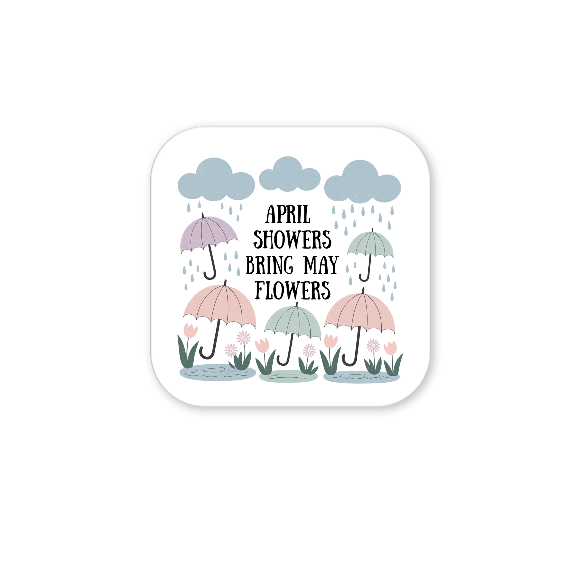 The Mirabilia Boutique April Showers Bring May Flowers Magnet features a pastel illustration with clouds, raindrops, umbrellas, flowers, and puddles—perfect for adding a touch of spring to your fridge or any space!.
