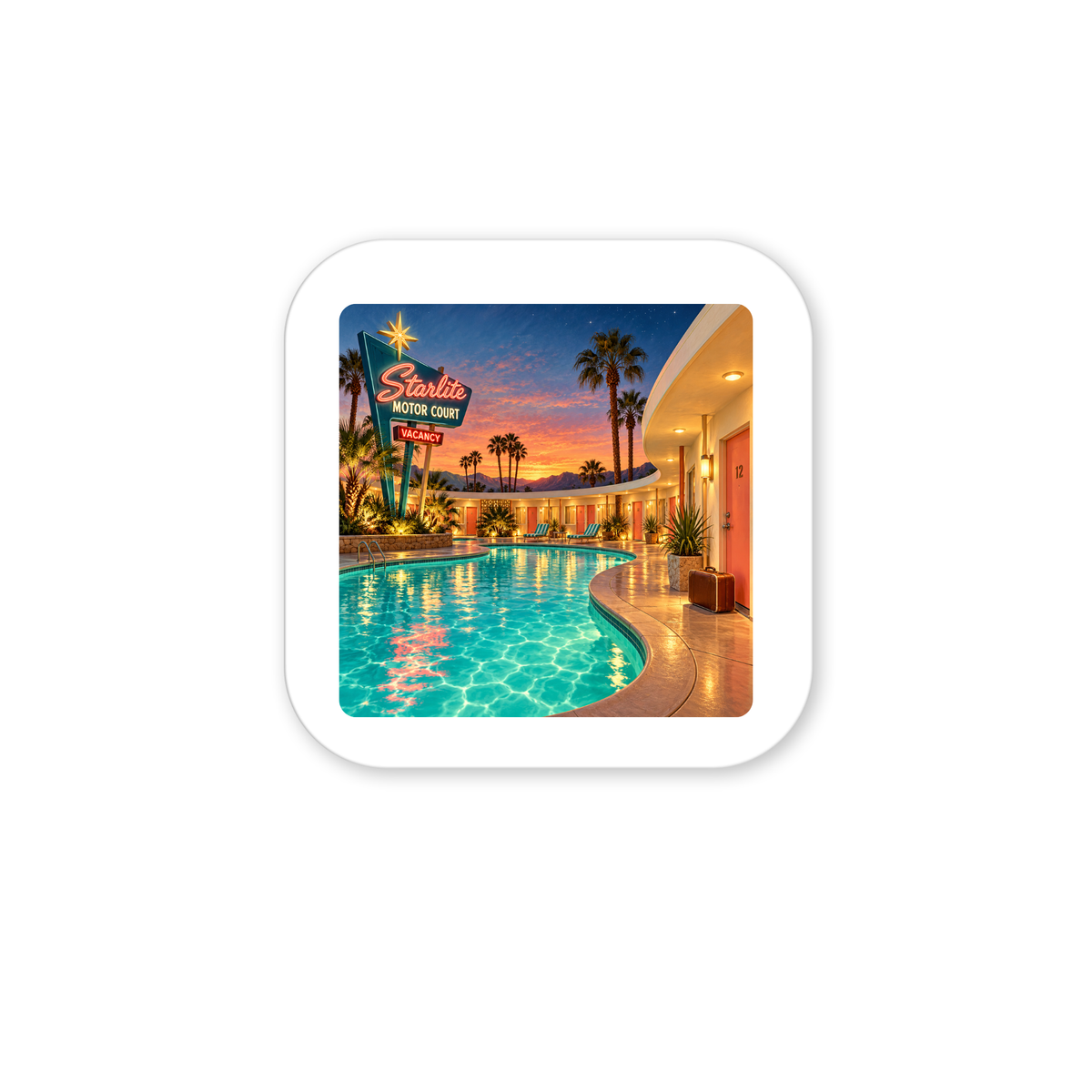Capture mid-century vibes with the Arrival at the Starlite Magnet | Chrome & Starlight by Mirabilia Boutique—featuring a retro motel pool, neon sign, and palm trees for unique roadside motel decor.
