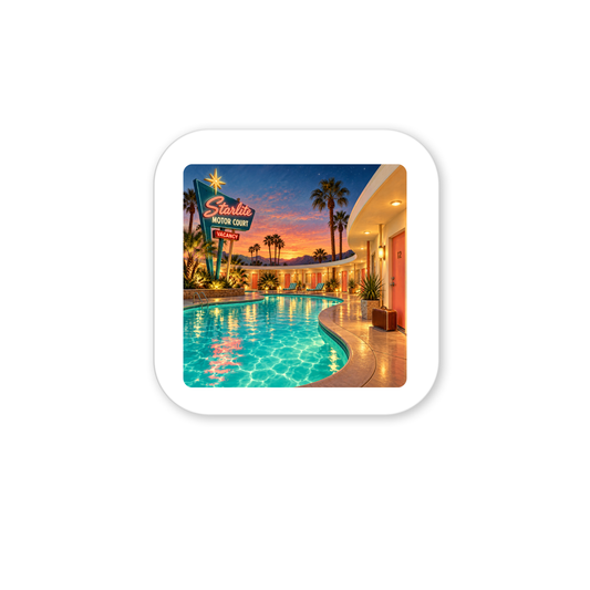 Capture mid-century vibes with the Arrival at the Starlite Magnet | Chrome & Starlight by Mirabilia Boutique—featuring a retro motel pool, neon sign, and palm trees for unique roadside motel decor.