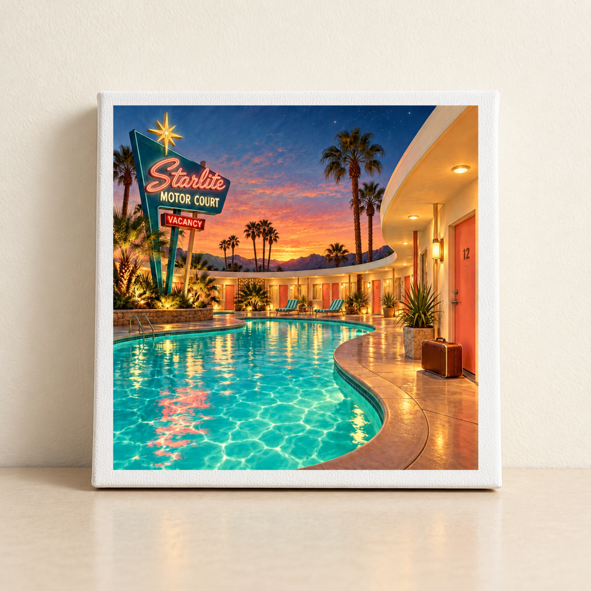 Arrival at the Starlite Canvas | Chrome & Starlight by Mirabilia Boutique captures a retro motor court pool at dusk, glowing neon, palm trees, and Room 12’s door beside a sunlit walkway.