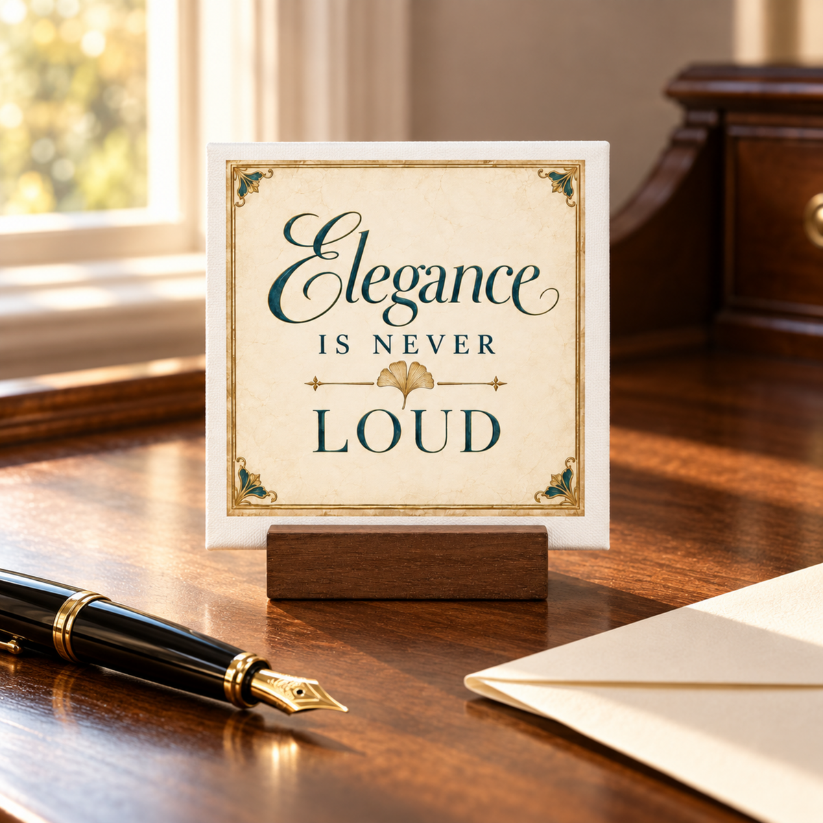 A Mirabilia Boutique Elegance Is Never Loud 4 × 4 Mini Sign sits on the desk, complemented by a fountain pen and an envelope. Sunlight pours in through the window, making this stylish mini sign an ideal piece of elegant home decor for any sophisticated space.