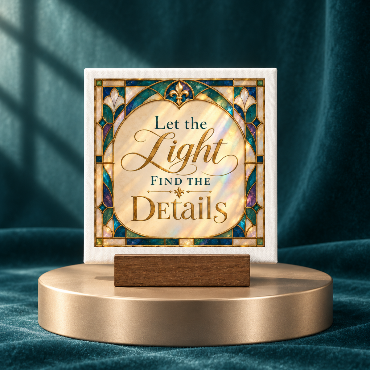 The Let the Light Find the Details Mini Sign by Mirabilia Boutique features a stained glass design on a round gold platform with a teal velvet background, elegantly displayed on a wooden stand. This art nouveau accent decorates any space with timeless elegance and showcases the inspiring phrase, “Let the light find the details.”.