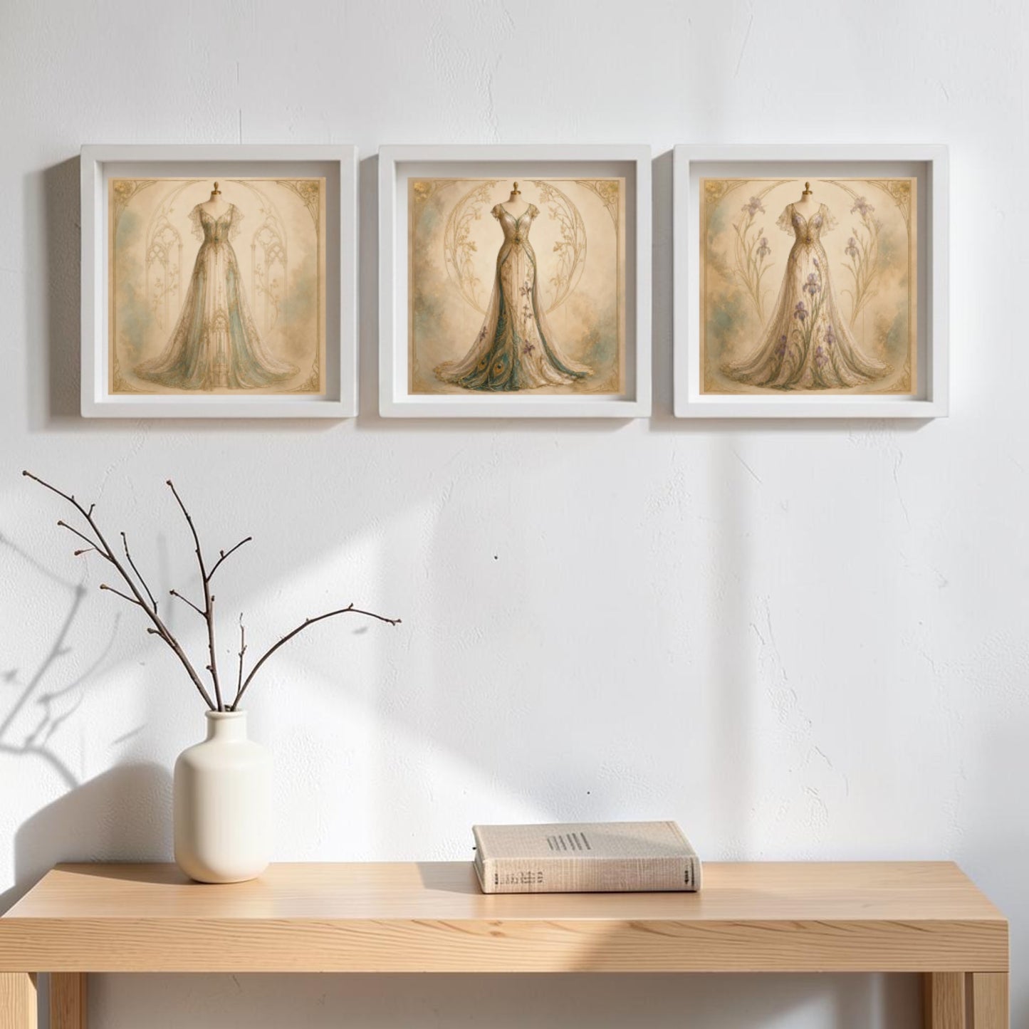 Three framed canvas pieces from Mirabilia Boutique’s Conservatory Collection | Curated Couture Artwork, each showcasing elegant couture dresses, hang on a white wall above a light wooden table adorned with a closed book and a white vase holding bare branches. Soft natural light bathes the scene.