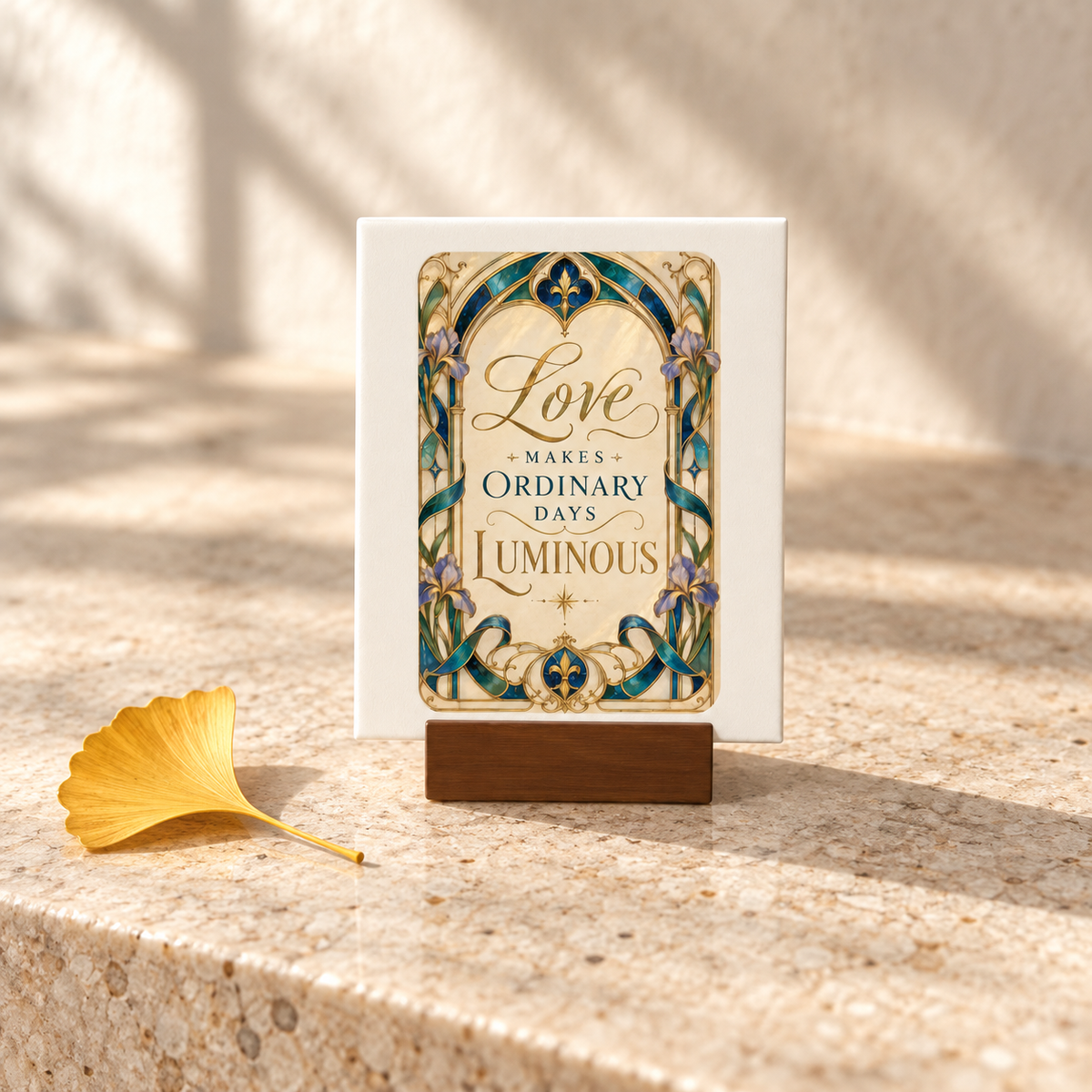 A sunlit stone surface holds the Love Makes Ordinary Days Luminous Mini Sign from Mirabilia Boutique’s Gilded Reverie collection—a decorative panel with Art Nouveau–inspired floral designs and the inscription, “Love Makes Ordinary Days Luminous,” displayed on a wooden stand beside a yellow ginkgo leaf.