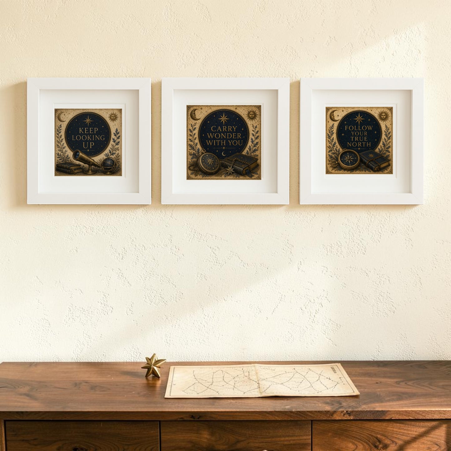 Three framed “Guided by the Stars | Mirabilia Relics” prints from Mirabilia Boutique hang on a light-colored wall above a wooden table. This celestial artwork features the uplifting phrases: “Keep looking up,” “Carry wonder with you,” and “Follow the true north.” A map and small star decor sit on the table, creating a space filled with collectible keepsakes.
