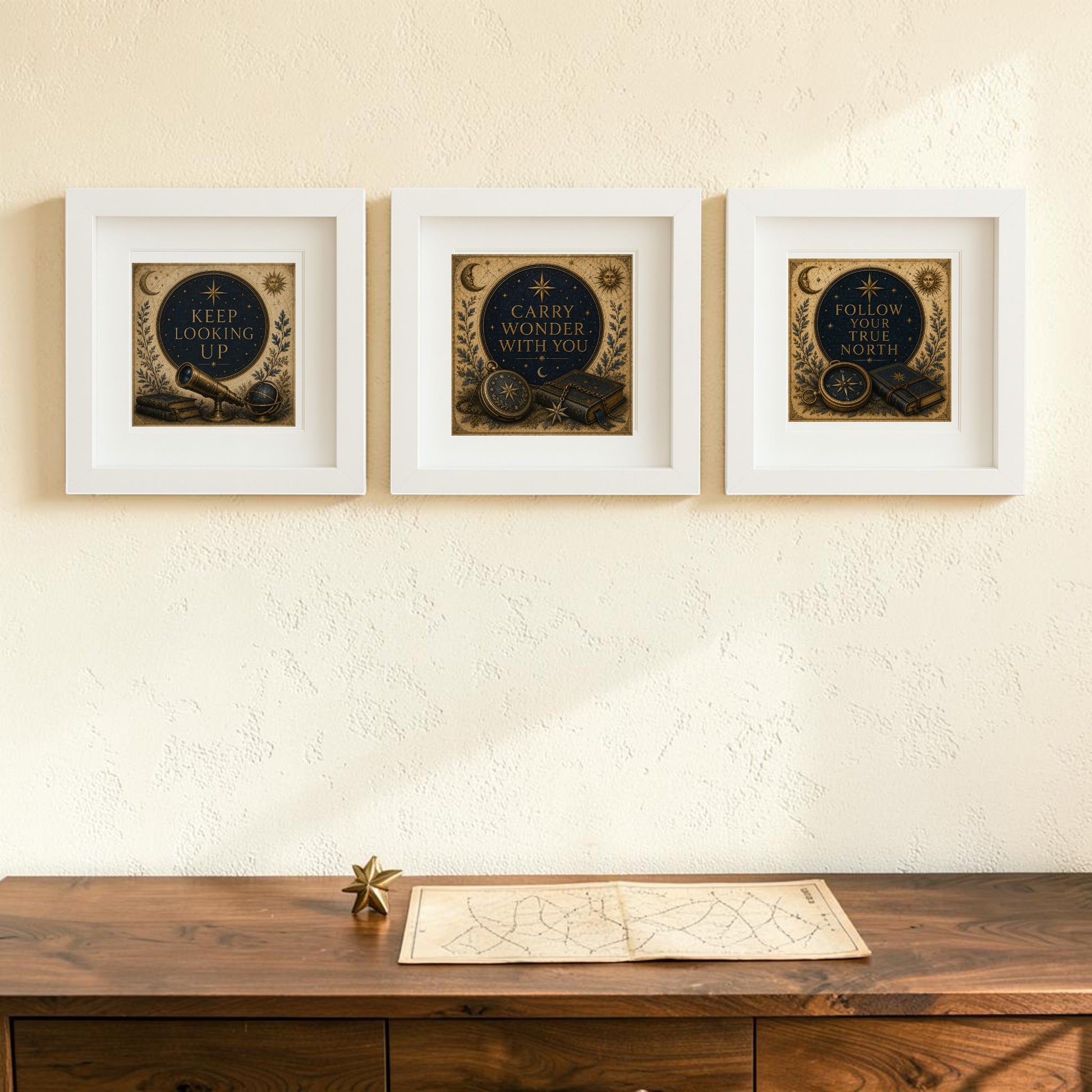 Three framed “Guided by the Stars | Mirabilia Relics” prints from Mirabilia Boutique hang on a light-colored wall above a wooden table. This celestial artwork features the uplifting phrases: “Keep looking up,” “Carry wonder with you,” and “Follow the true north.” A map and small star decor sit on the table, creating a space filled with collectible keepsakes.