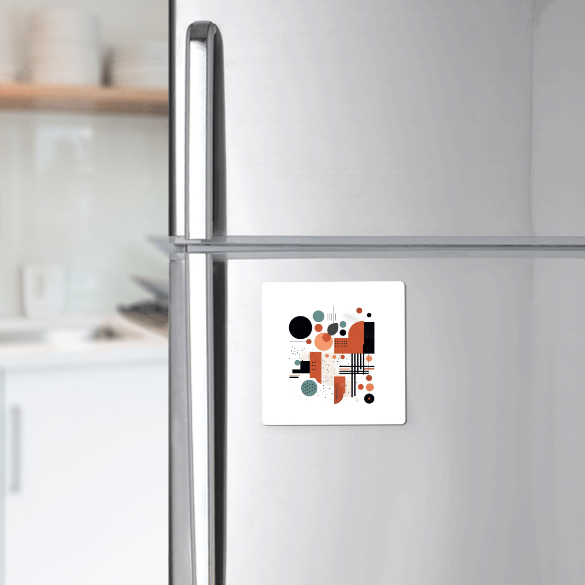 A silver refrigerator displays the Atomic Sunrise Mid Century Modern Magnet by Mirabilia Boutique, featuring a square abstract design in black, red, and white geometric shapes. A modern kitchen is visible in the background.