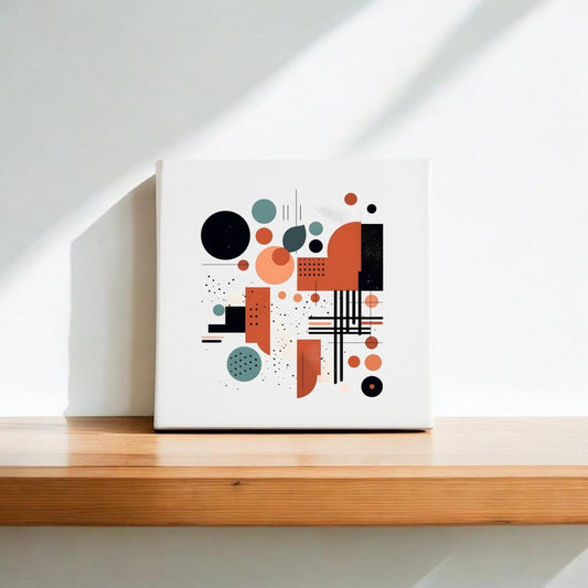 The Atomic Sunrise Mid Century Modern Canvas by Mirabilia Boutique features a geometric abstract design in black, orange, and teal, displayed on a wooden shelf with sunlight casting shadows on the white wall behind.