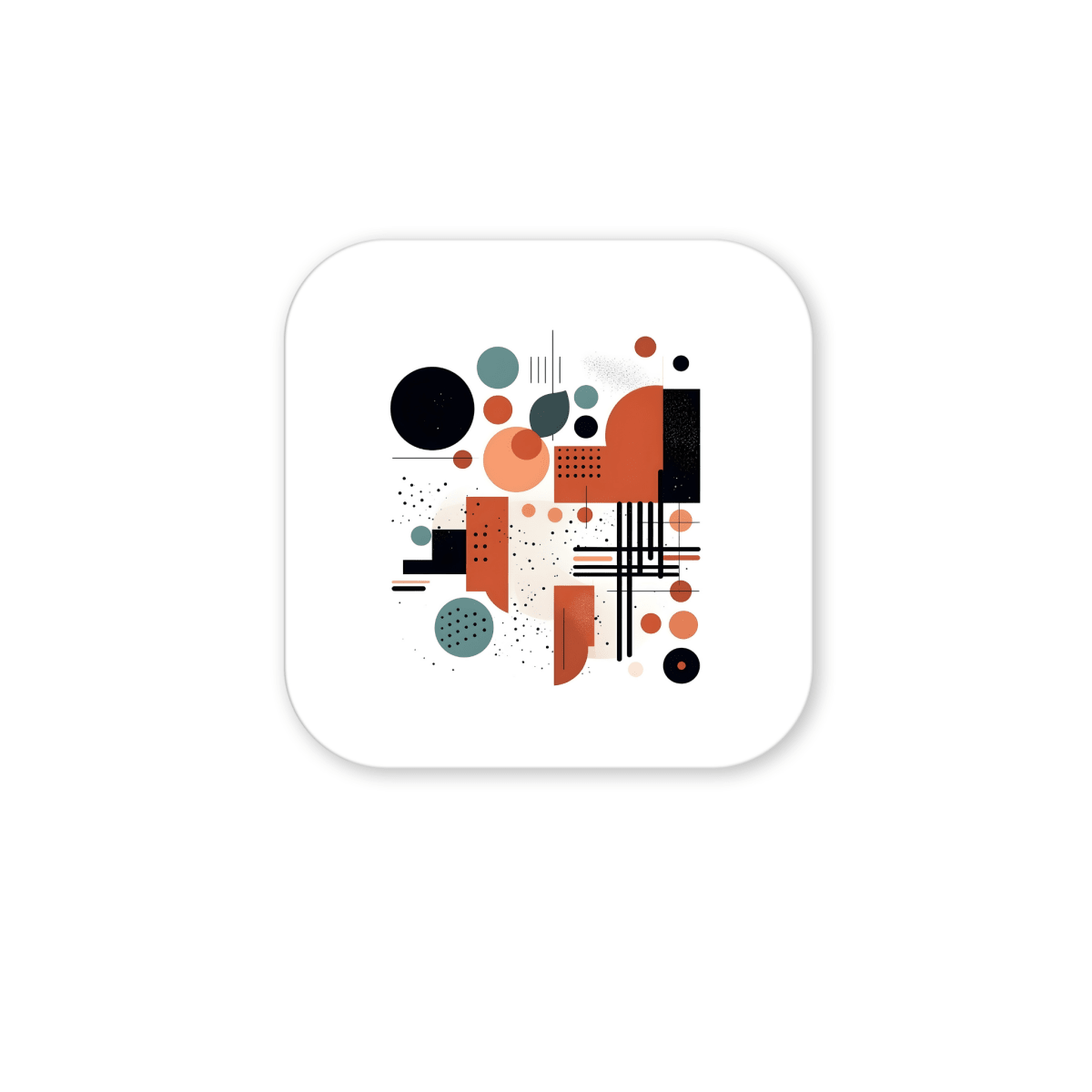 The Atomic Sunrise Mid Century Modern Magnet by Mirabilia Boutique features a striking abstract design with orange, black, and teal geometric shapes on a white rounded square—perfect for adding modern style to any space.
